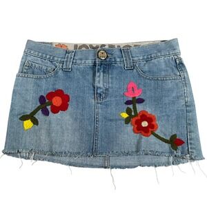 Joystick Denim Micro Mini Skirt Blue Floral Hand Embroidered Raw Hem Size 28 Y2K